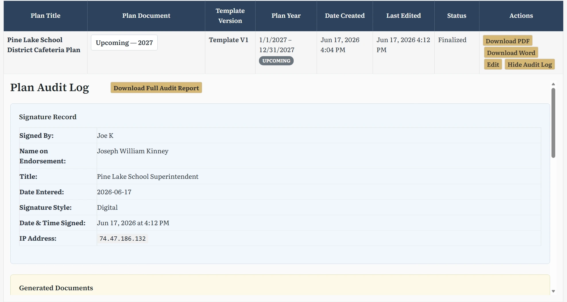 Screenshot: Audit Log View