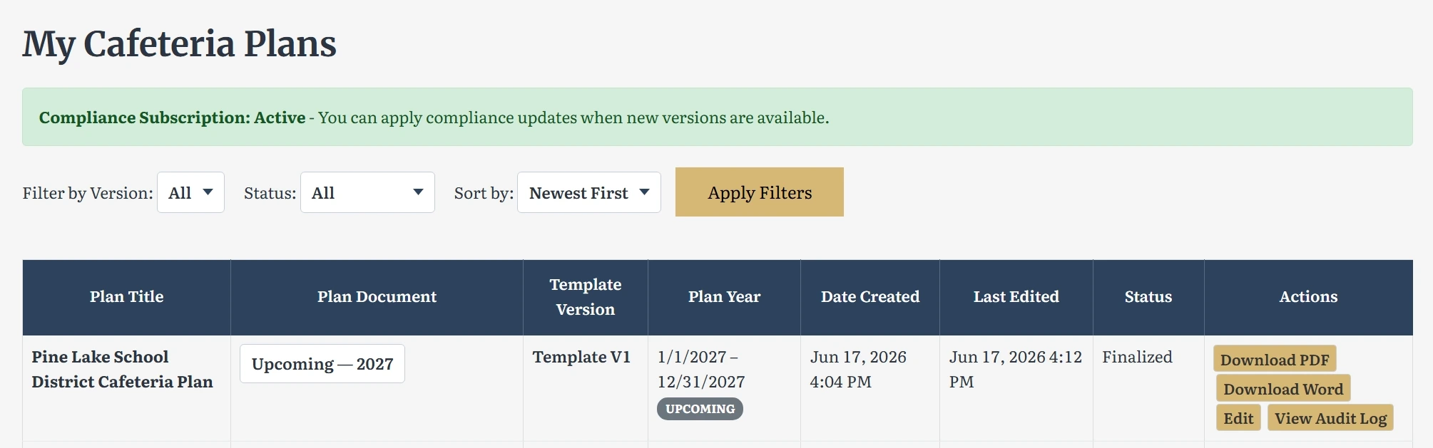 Screenshot: Plan Dashboard Overview
