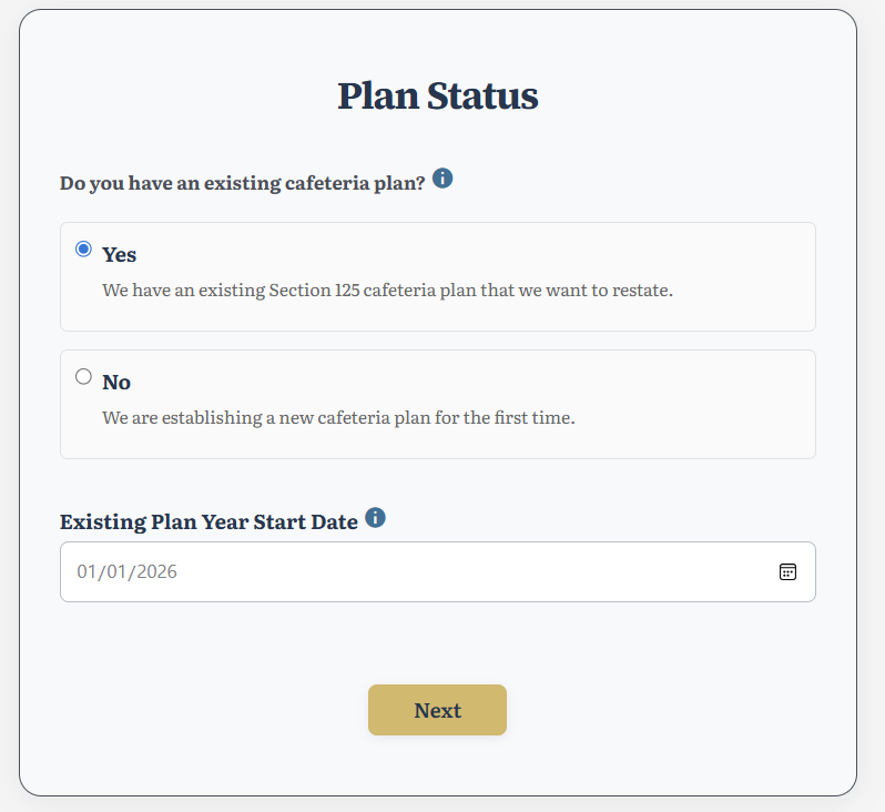Screenshot: Step 1 – Plan Status Selection