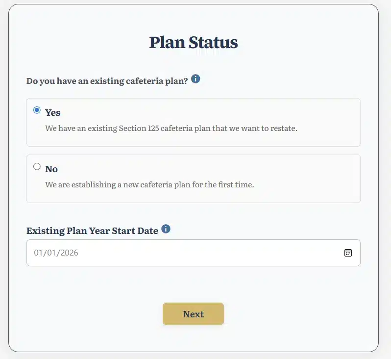 Screenshot: Step 1 – Plan Status Selection
